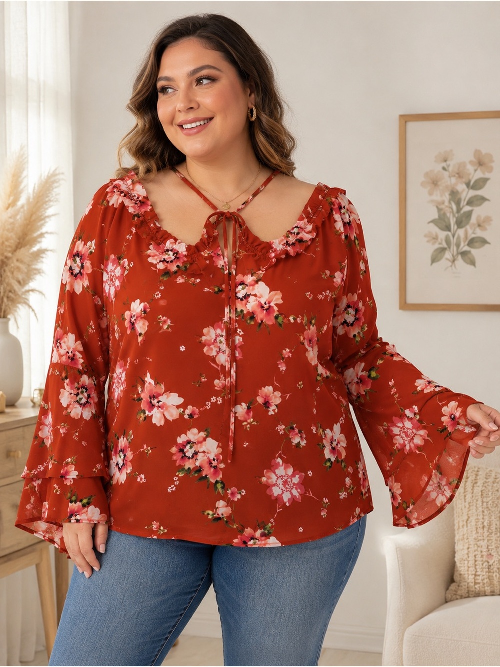 Forever 21 Plus Floral Ruffle Neck Bell Sleeve Blouse Size 0X